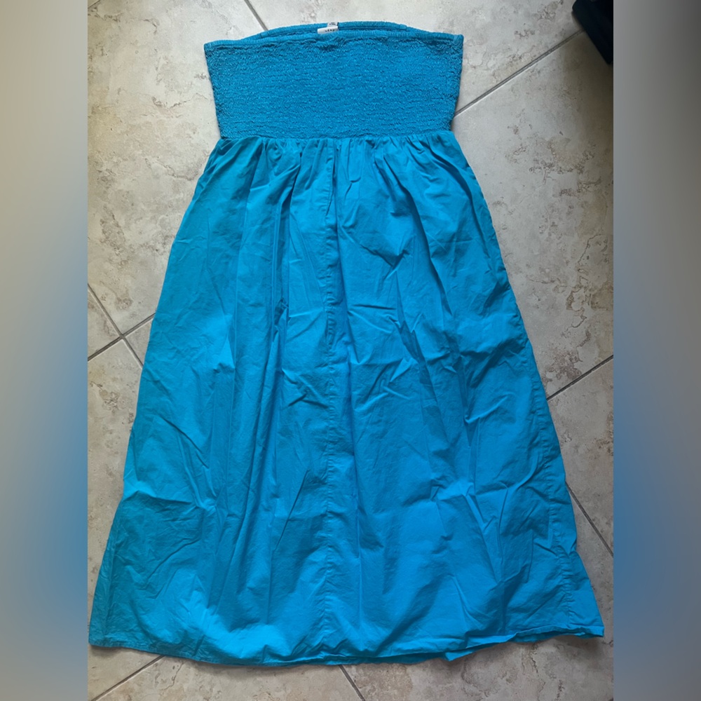 ‼️EUC: A New Day Blue Cotton Strapless Dress W Smocked Top - M - Picture 2 of 4